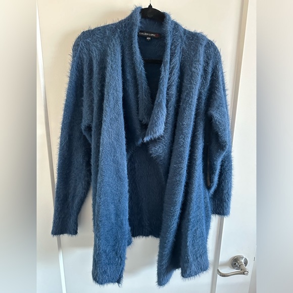 COLEEN LOPEZ size large NWOT NAVY FAUX mohair OPEN FRONT cardigan with pockets - Picture 1 of 4